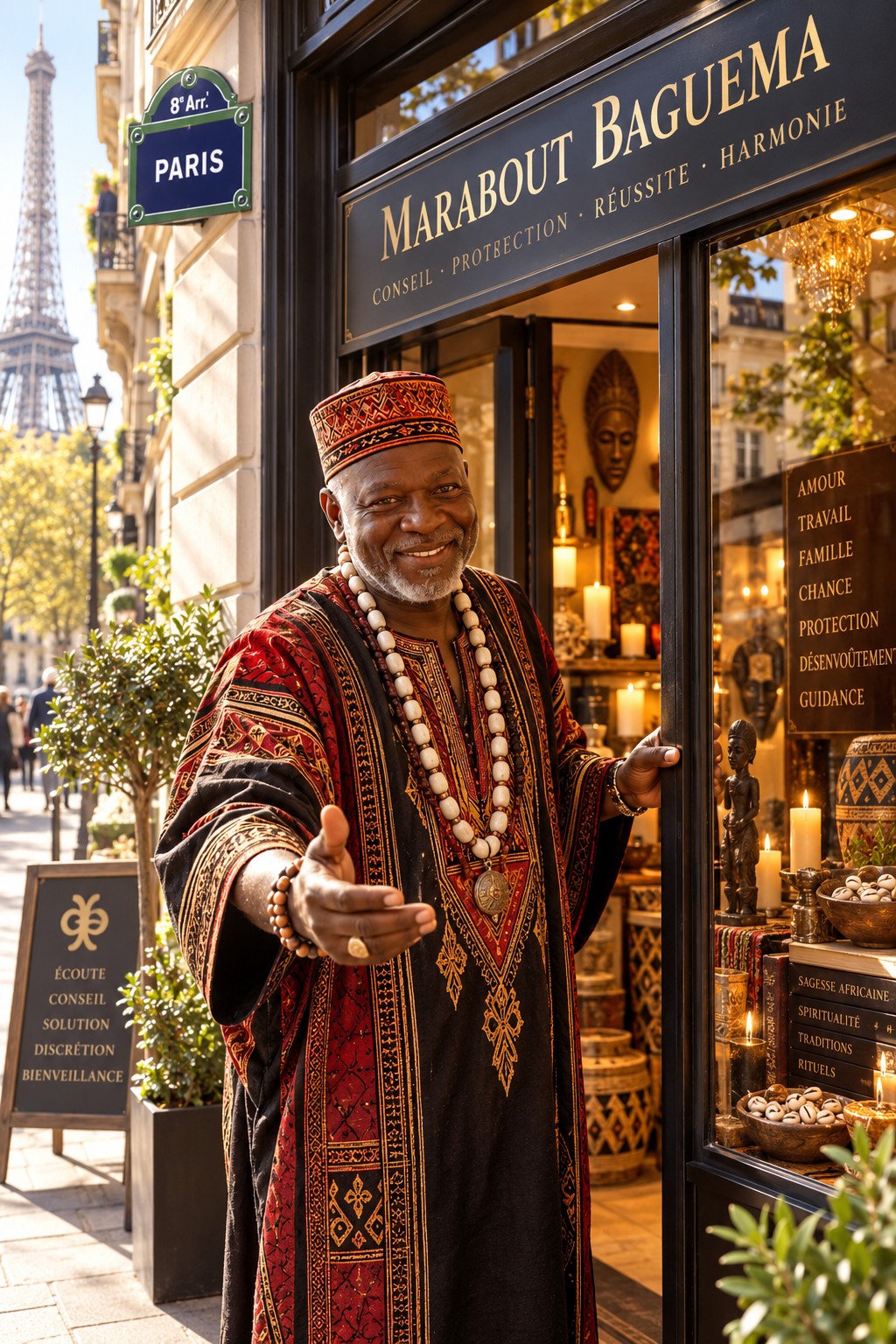 Marabout Baguema accueillant un client devant son cabinet à Paris