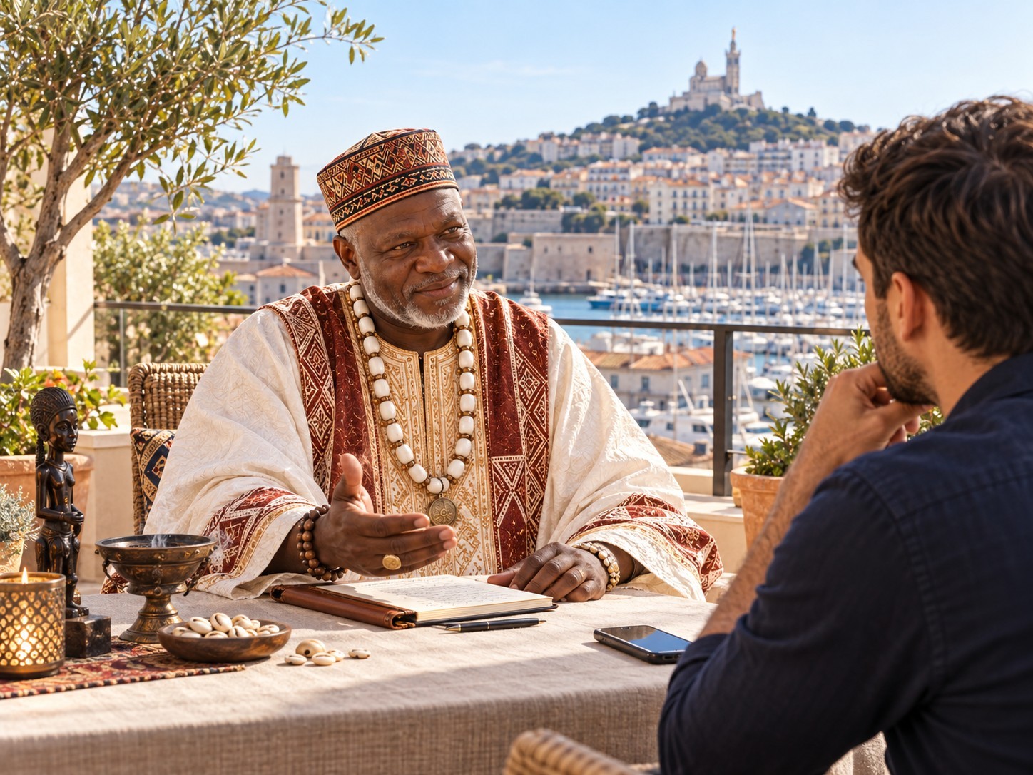 Marabout Baguema en consultation, échange accessible à distance depuis Marseille