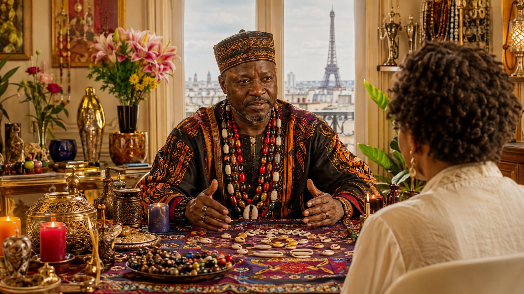 Marabout Baguema en consultation avec une cliente dans son cabinet à Paris