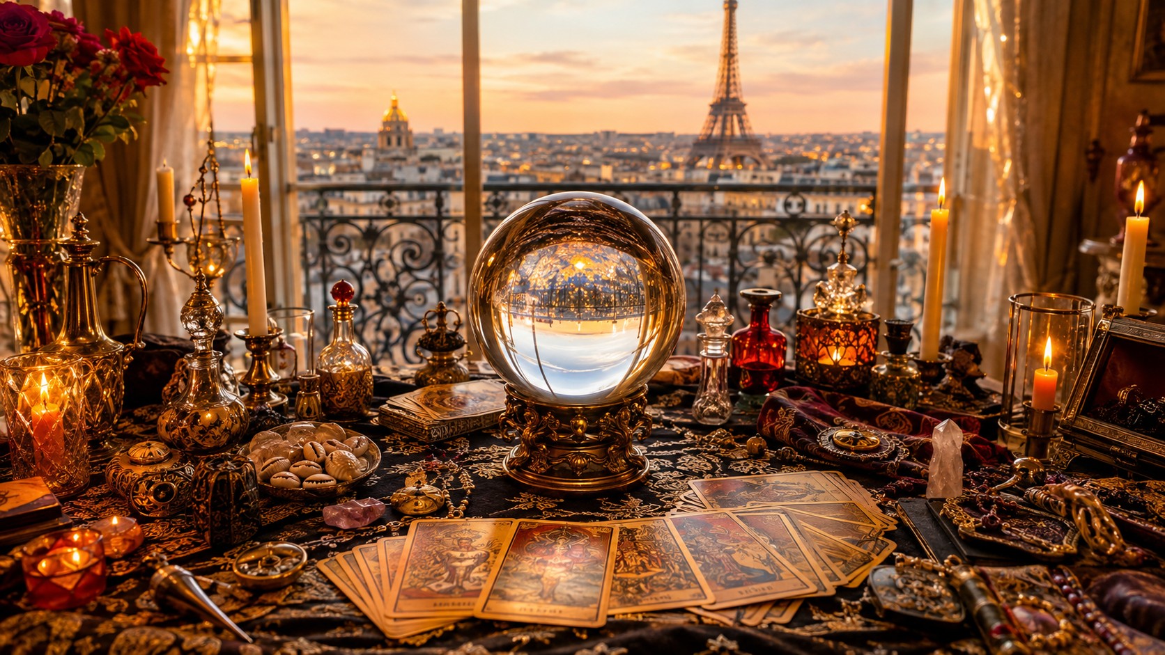Bureau de Marabout Baguema à Paris avec boule de cristal et vue sur la capitale