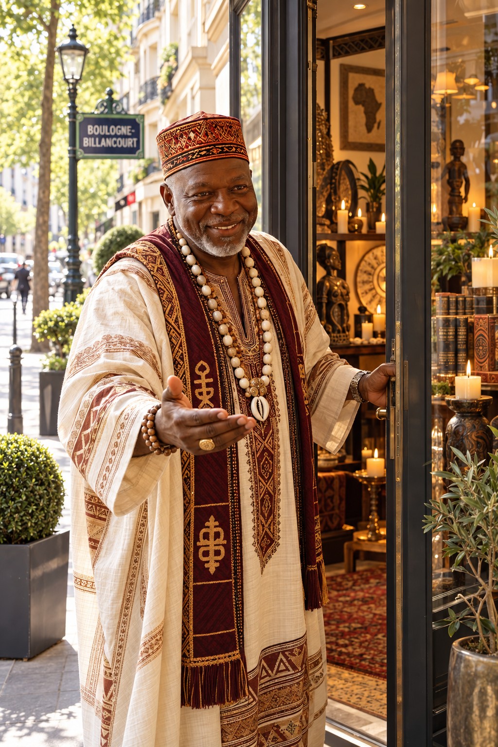 Marabout Baguema devant son cabinet parisien