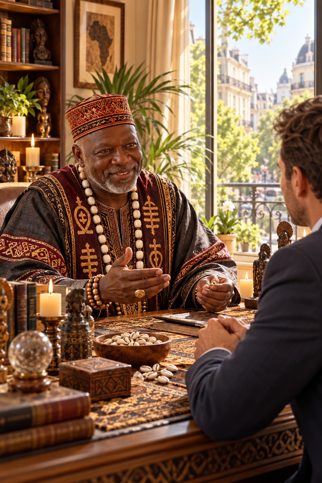 Marabout Baguema échangeant avec un client lors d'une consultation